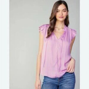 Current Air Ruffle Cap Sleeve Tie-Neck Blouse in Lavender, XS